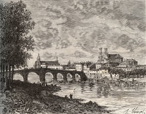 Pont-a-Mousson (Pont a Mousson) - Meurthe-et-Moselle - gravyr i "Frankrike illustrerad: geografi, historia, statistisk administration" av V.-A. Maltbrunt. 1884 av French School
