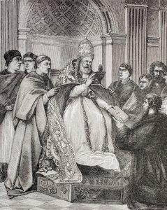 Påven Gregorius IX överlämnar dekreten till en förespråkare för konsistoriet, från "Militärt och religiöst liv under medeltiden" av Paul Lacroix, publicerad i London ca 1880 av French School