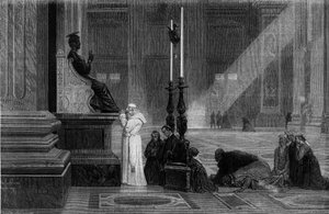 Påven Pius IX (1792-1878) bad nära Petersstatyn i Peterskyrkan i Rom. Gravyr från "" Rom: beskrivning och souvenirer"" av Francis Wey, år 1870. av French School