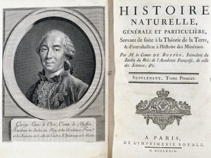 Porträtt och titelsida av "" Natural, general and special history"" av Buffon av French School