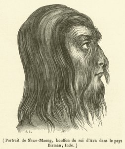 Porträtt av Shwe-Maong, narr till kungen av Ava i det burmesiska landet, Indien (gravyr) av French School