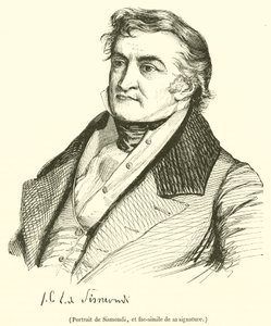 Porträtt av Sismondi och faksimil av hans signatur (gravyr) av French School