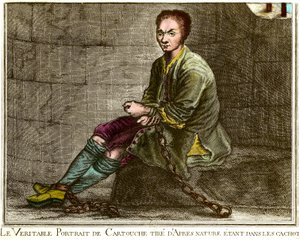 Porträtt en pied av Louis Dominique Cartridge (1693-1721), fransk brigand i sin fängelsehåla Gravering av 1700-talets privatsamling av French School