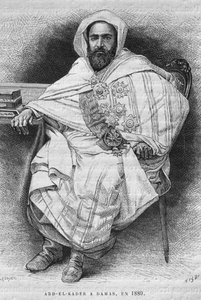 Porträtt av Abd el-Kader i Damaskus 1880 (1808-83), från Syrien idag. Reser i Fenicien, Libanon och Judéen. 1875-1880 av Louis Charles Emile Lortet, 1884 (bw gravyr) av French School