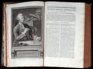Porträtt av Alembert och en textsida i Encyclopedia of Diderot and Alembert av French School