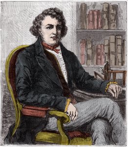 Porträtt av Andre Marie Ampere (1775-1836) fransk fysiker - Andre-Marie Ampere (1775-1836), fransk fysiker och pionjär inom elektrodynamiken - Gravyr i "" Sciences mise à la range de tous - physics et chimie populaires"" av Alexis Cleric - Slutet av 1800-t av French School