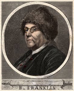 Porträtt av BENJAMIN FRANKLIN (1706-1790) Amerikansk tryckare, förläggare, vetenskapsman, uppfinnare, statsman och diplomat - Porträtt av Benjamin Franklin (1706-1790), amerikansk fysiker, filosof och politiker - Gravyr i "" Vetenskaper som nåtts o av French School