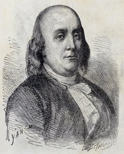 Porträtt av Benjamin Franklin (1706 - 1790), amerikansk politiker, memorialist, broschyr och fysiker - i "" Album of Science; berömda forskare; Stora upptäckter””” 1896. av French School