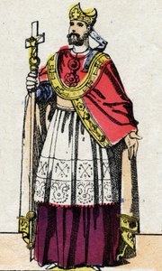 Porträtt av Bonifatius (v.675-754), ärkebiskop av Mainz som evangeliserade Tyskland och omorganiserade Franc Clerge. av French School