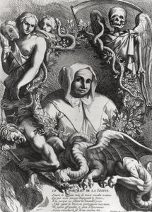 Porträtt av Catherine Monvoisin (La Voisin) (1640-80) (gravyr) (bw foto) av French School