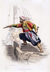 Porträtt av Dragut - Reïs, turkisk pirat från 1500-talet - i ""History of pirates and corsairs of the Ocean and the Mediterranean"" av P. Christian, Paris, D. Cavaillés ed., Tome 1 av French School