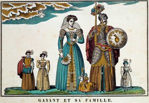 Porträtt av Gayant, en jätte som symboliserar staden Douai, visar med sin familj: hans fru, Marie Cagenon, och hans tre barn, Jacquot, Fillon och Binbin. 1700-talsgravyr, bildspråk av Belfort. Ferrand samling av French School