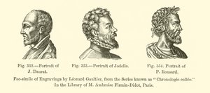 Porträtt av J. Daurat, Porträtt av Jodelle, Porträtt av P. Ronsard (gravyr) av French School