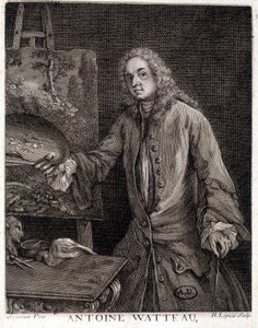 Porträtt av Jean Antoine Watteau (1684-1721), fransk målare - gravyr av French School