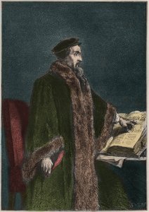 Porträtt av Jean Calvin (Jean Cauvin) (1509-1564), fransk religiös reformator och författare - John Calvin - gravyr från "" Frankrikes historia berättad för mina barnbarn"" - av Francois Guizot - 1872-1876 av French School