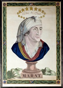 Porträtt av Jean Paul Marat, fransk läkare, journalist och politiker (1743-1793), folkets vän. Etsning med starkt vatten och mejsel från 1700-talet. Paris, Musée Carnavalet. av French School