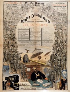 Porträtt av Jules Verne och scener ur hans verk - Reklamaffisch för hans samlade verk av French School