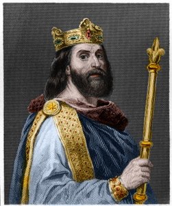 Porträtt av Ludvig II the Begue eller svimningen (846 - 879), kung av Frankrike - i "Historia om fransmännen" av Lavallee, gravyr, sd. av French School