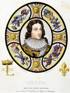 Porträtt av Ludvig XIII, kung av Frankrike (1601-1643). Faksimil av ett målat glas från medeltiden i "Histoire de la peinture sur verre"" av Ferdinand de Lasteyrie av French School