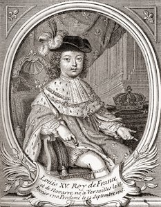Porträtt av Ludvig XV som barn, 1710 1774. Bourbonmonark som regerade som kung av Frankrike och Navarra. Från Les Heures Libres publicerad 1908. av French School