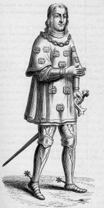 Porträtt av Louis de Malet, herre av Graville (ca 1441-ca 1519), amiral av Frankrike 1487, i krigs- och turneringsdräkt. Gravyr i "La Marine et les colonies: handel" av French School