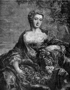 Porträtt av Madame de Chateauroux, Marie-Anne de Mailly-Nesle (1717-1744), favorit hos kung Ludvig XV. Gravyr i "Prostitutionens och utsvävningens historia bland alla världens folk från antiken till våra dagar" av Dr Th. -F. Debray. 1879. av French School