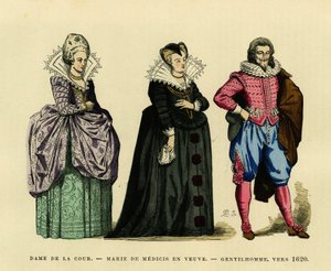 Porträtt av Marie de Medicis (1573-1642), drottning av Frankrike, i änkas vana, omgiven av en hovdam och en herre, ca 1620. Färgstick, i "France et les francais a travers les siecles"" av Augustin Challamel, F.Roy-redaktör, Paris 18 av French School