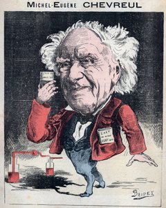 Porträtt av Michel Eugene (Michel-Eugene) Chevreul (1786-1889), fransk kemist - karikatyr av Bridet i "Les Hommes d