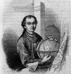 Porträtt av Pierre (Peter) Anich (1723-1766), tyrolsk astronom och kartograf, med en jordglob och en kompas. Gravyr i "" Le Magasin pittoreska"" av French School