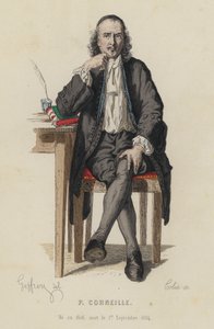 Porträtt av Pierre Corneille, fransk dramatiker (färgad gravyr) av French School