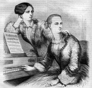Porträtt av systrarna Cruvelli, tyska dansare. Sophie Cruvelli (Johanna Sofia Charlotte Cruwell, dit) (1826-1907) och Marie Cruvelli (Friederike Marie Cruwell, dit) (1824-1868). Gravyr från 1852. av French School