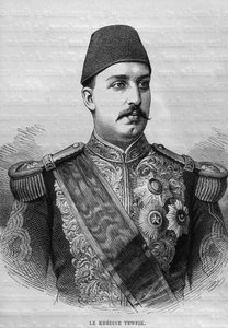Porträtt av Khedive Tawfig (1819-92), från LEgypte av Georg Moritz Ebers (1837-98), 1881 (bw gravyr) av French School