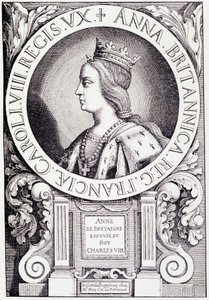 Porträtt av drottningen av Frankrike Anne av Bretagne (1477-1514). Gravyr från "Louis XII et Anne de Bretagne" av Paul Lacroix, ed. Georges Hurtrel av French School
