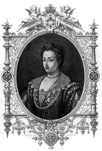 Porträtt av den venetianska Bianca Cappello (1548 - 1587), fru till Francois de Medicis (Francesco de Medici). Gravyr från 1862 i "" The Queens of the World"" av våra första författare. Bok utgiven under ledning av J. G. D. ARMENGAUD. av French School