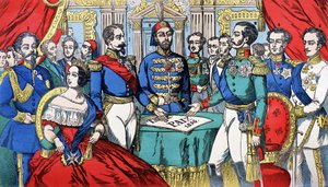 Porträtt av Europas suveräner under fredsfördraget 1856: från vänster till höger, Victor Emmanuel II (Victor Emmanuel) (Vittorio Emanuele), kung av Sardinien, Victoria, drottning av England, Napoleon III, turkisk kejsare, Alexander II, kung av Ryssland, F av French School
