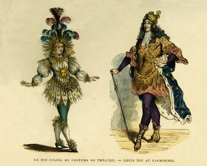 Porträtt av kung Ludvig XIV (1638-1715), i teaterdräkt och karusell. Färggravyr, i "France et les francais a travers les centuries"" av Augustin Challamel, F.Roy redaktör, Paris 1882. Selva Collection. av French School