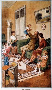 Post- och telekalender föreställande en familjescen, 1900-talet (tryck) av French School