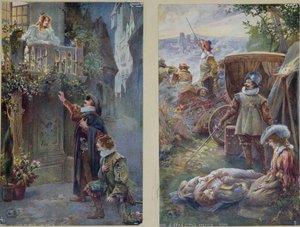 Vykort föreställande Cyrano de Bergerac med Roxanne och Christians död, ca 1900 av French School