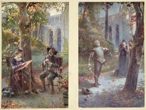 Vykort föreställande Cyrano de Bergerac med Roxanne, ca 1900 av French School