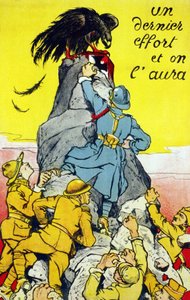 Affisch """ En sista ansträngning och vi kommer att ha det""": allierade (Frankrike, USA, Ryssland, etc...) som når toppen av en klippa uppflugen av den tyska örnen. Lithograhie 1917. av French School