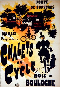 Affisch som reklamerar Chalets du Cycle, Bois de Boulogne, nära Porte de Suresnes av French School