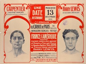 Affisch som annonserar boxningsmatchen mellan Carpentier och Harry Lewis, 1911