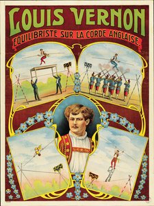 Affisch som reklamerar framträdanden för tightrope-vandring av Louis Vernon