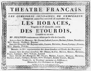 Affisch för framförandet av Les Horaces av Pierre Corneille (1606-84) på Theatre Francais i Paris, 1812