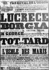 Affisch för framförandet av Lucretia Borgia vid Odeon, 1843