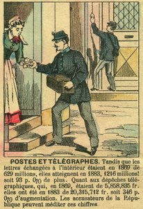 Postar och telegrafer, som illustrerar hur bra telekommunikationer och postkontor fungerar tack vare republiken. Gravyr, i "" Le Figaro, tillägg"", den 30/03/1889, Paris. Coll. Selva. av French School