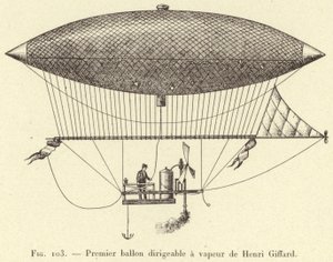 Första ångluftskeppet av Henri Giffard (gravyr) av French School