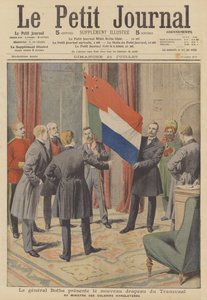 Premiärminister Louis Botha presenterar den nya flaggan för kolonin Transvaal till British Colonial ... (färg litho) av French School