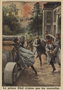 Prins Eitel Friedrich av Preussen, andre son till kejsar Wilhelm II av Tyskland, flyr i panik när hans högkvarter på Chateau de Temple-la Fosse utsätts för franskt artilleribombardemang under slaget vid Somme, första världskriget av French School