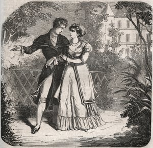 Prinsessan av Wales Carolina av Brunswick (1768-1821) på promenad med sin älskare, Bartolomeo Bergami. Gravyr från 1871 i "Histoire Des Cocus Celebres"" av Henry de Kock (1819-1892). av French School